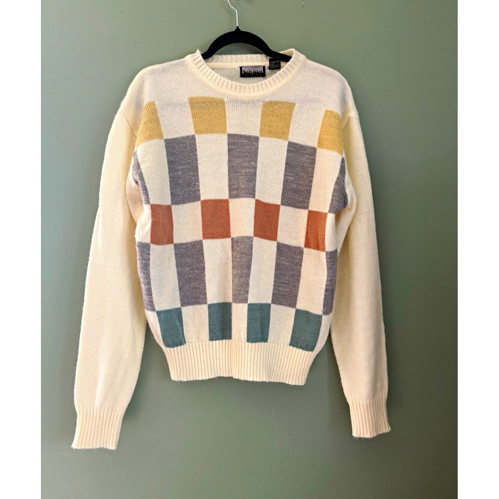 City Streets VTG Women's Ivory Check Knit Crew Neck Ribbed Pullover Sweater XL